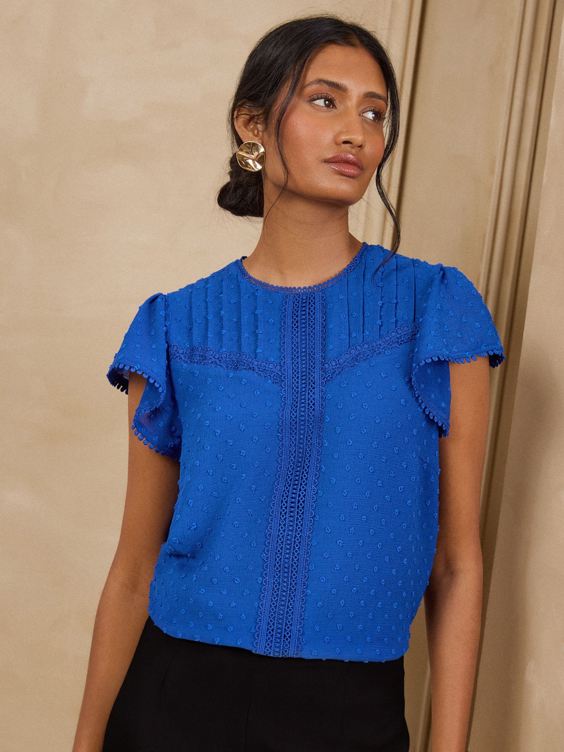 Buy Love & Roses Cobalt Blue Dobby Flutter Sleeve Shell Top from