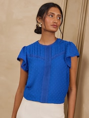 Love & Roses Cobalt Blue Dobby Flutter Sleeve Shell Top - Image 1 of 4