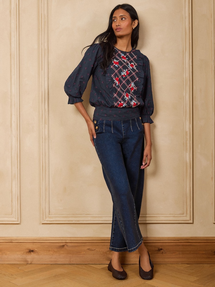 Love & Roses Navy Petite Floral Embroidered 3/4 Sleeve Blouse - Image 2 of 5 Love & Roses Navy Petite Floral Embroidered 3/4 Sleeve Blouse - Image 2 of 5