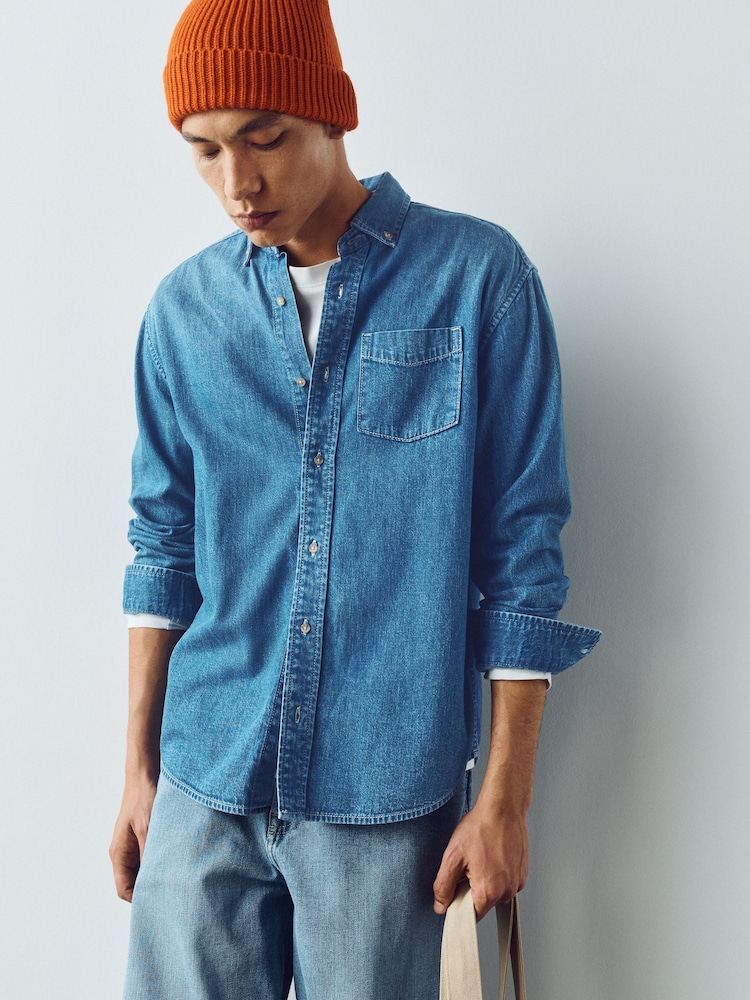 أزرق متوسط - Cotton Denim Shirt - صورة 1 من 7