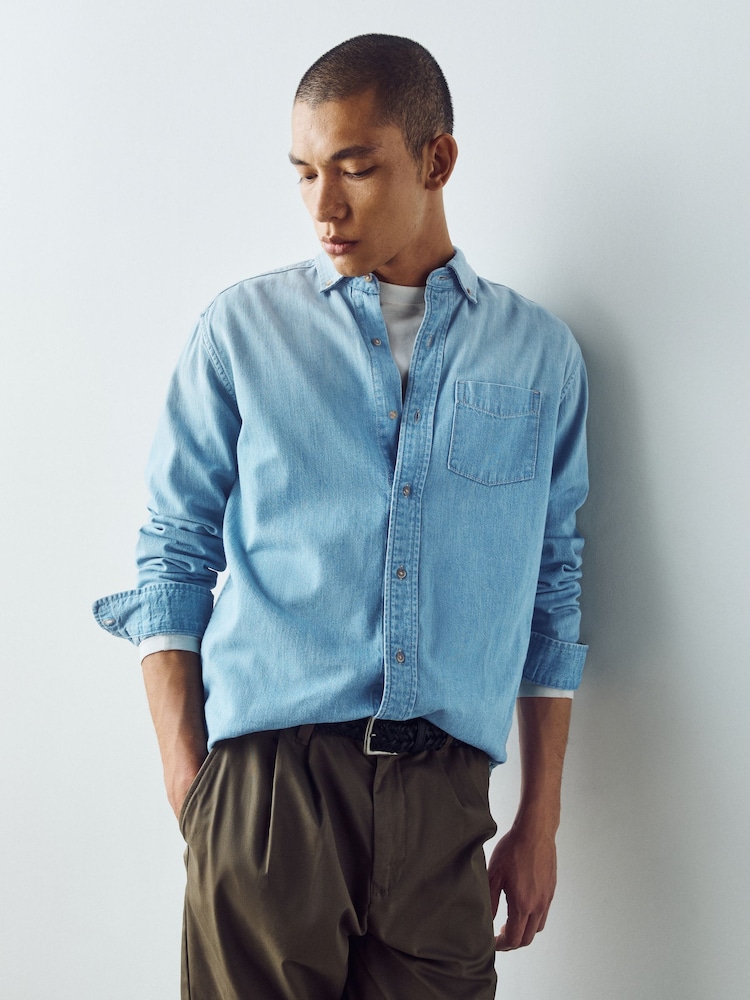 أزرق تبييض - Cotton Denim Shirt - صورة 1 من 8