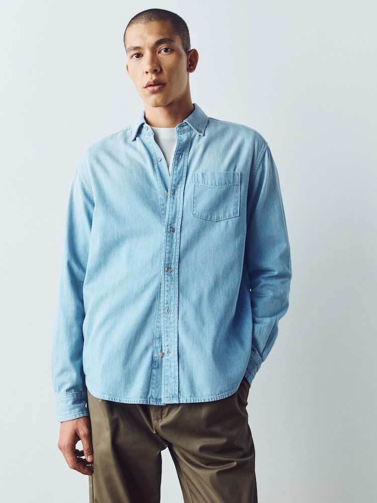 أزرق تبييض - Cotton Denim Shirt - صورة 2 من 8