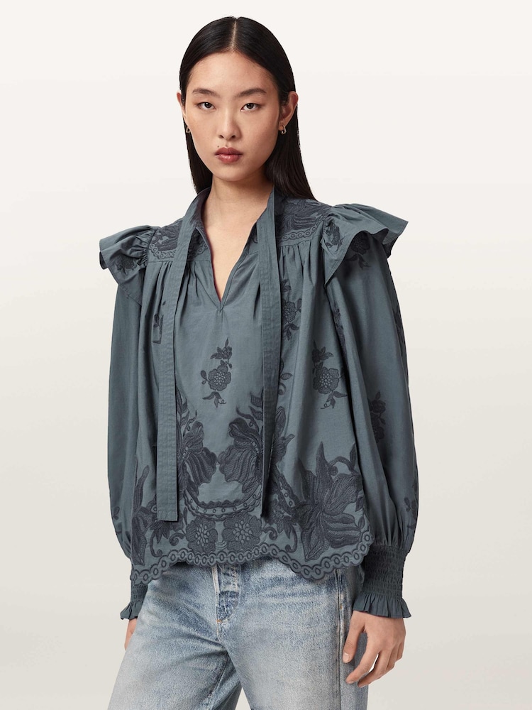 AllSaints Blue Nisa Embroidered Top - Image 1 of 6