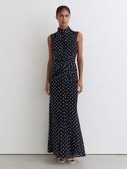 Reiss Navy/Ivory Stacey Petite Polka-Dot Print Sleeveless Maxi Dress - Image 1 of 8