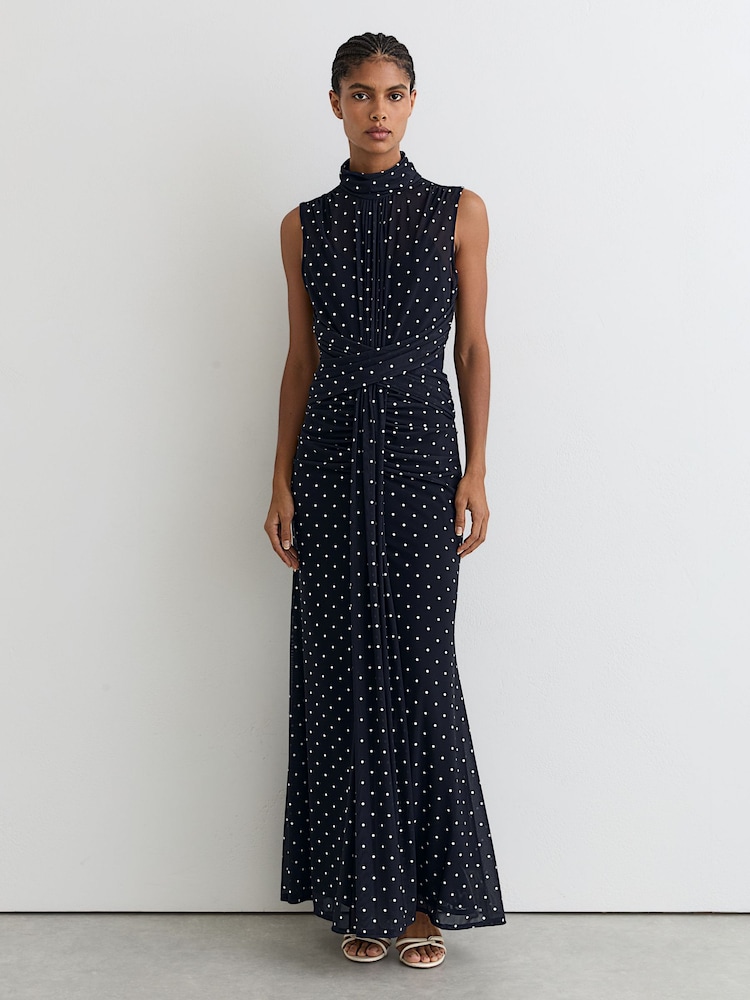 Reiss Navy/Ivory Stacey Petite Polka-Dot Print Sleeveless Maxi Dress - Image 1 of 8 Reiss Navy/Ivory Stacey Petite Polka-Dot Print Sleeveless Maxi Dress - Image 1 of 8
