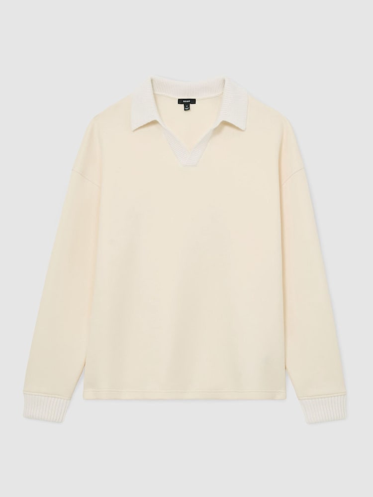 Reiss Off White Beaton Premium Interlock Open-Collar Sweatshirt - Image 2 of 6 Reiss Off White Beaton Premium Interlock Open-Collar Sweatshirt - Image 2 of 6