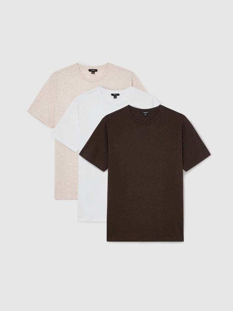 Reiss White/Wheat Melange/Coco Brown Bless 3 Pack Cotton Crew-Neck Tailored-Fit T-Shirts 3-Pack - Image 1 of 5
