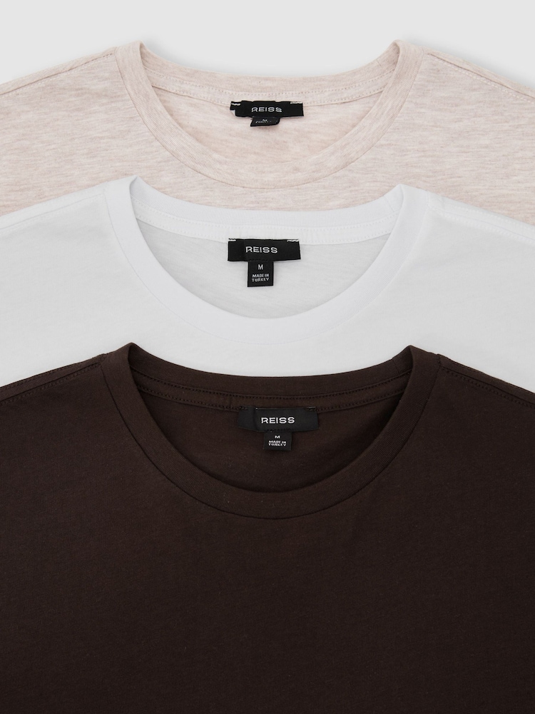 Reiss White/Wheat Melange/Coco Brown Bless 3 Pack Cotton Crew-Neck Tailored-Fit T-Shirts 3-Pack - Image 5 of 5