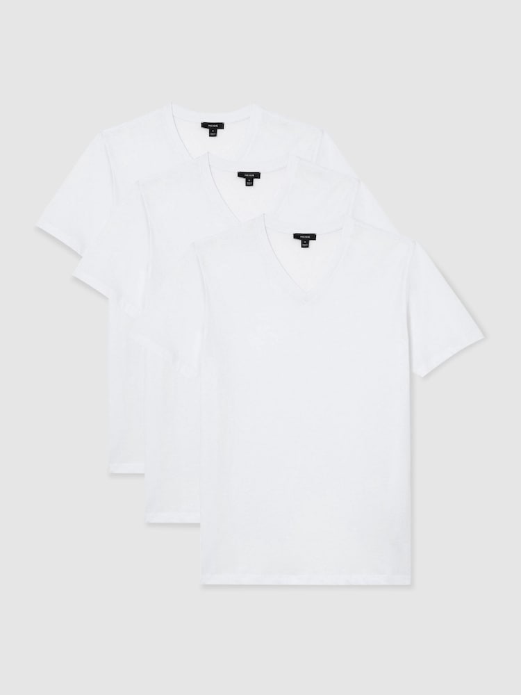 Reiss White Dayton 3 Pack 3-Pack Cotton V-Neck Tailored-Fit T-Shirts - Image 1 of 6 Reiss White Dayton 3 Pack 3-Pack Cotton V-Neck Tailored-Fit T-Shirts - Image 1 of 6