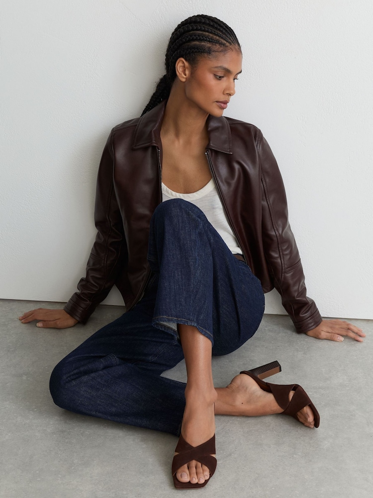 Reiss Chocolate Rochelle Suede Cross-Strap Block-Heel Mules - Image 1 of 5