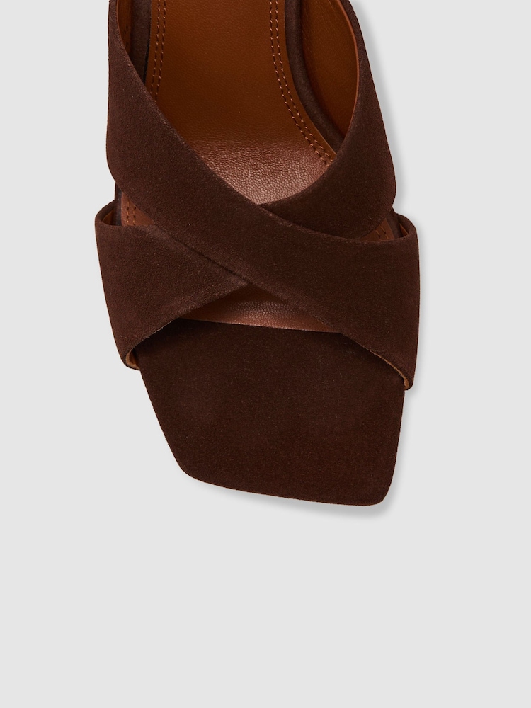 Reiss Chocolate Rochelle Suede Cross-Strap Block-Heel Mules - Image 5 of 5