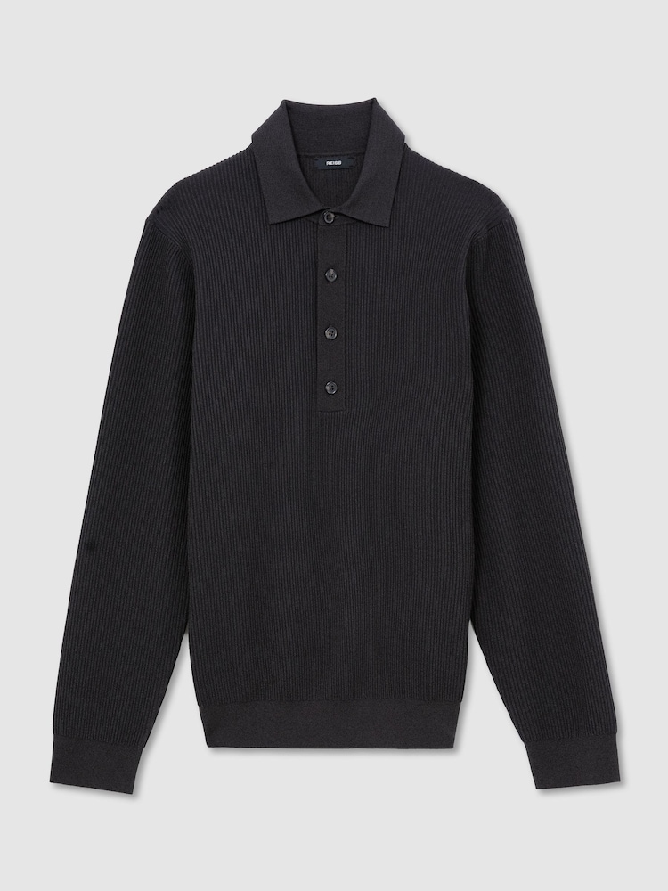 Reiss Dark Green Admiral Ribbed Half-Button Polo Shirt - Image 2 of 7 Reiss Dark Green Admiral Ribbed Half-Button Polo Shirt - Image 2 of 7