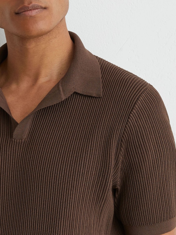 Reiss Chocolate Brown Sailor Rib-Knit Open-Collar Polo Shirt - Image 1 of 6 Reiss Chocolate Brown Sailor Rib-Knit Open-Collar Polo Shirt - Image 1 of 6