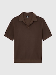 Reiss Chocolate Brown Sailor Rib-Knit Open-Collar Polo Shirt - Image 2 of 6