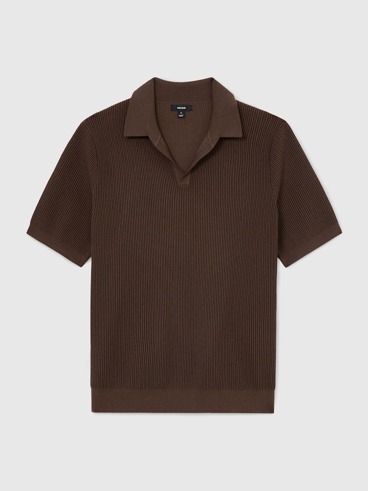 Reiss Chocolate Brown Sailor Rib-Knit Open-Collar Polo Shirt - Image 2 of 6 Reiss Chocolate Brown Sailor Rib-Knit Open-Collar Polo Shirt - Image 2 of 6