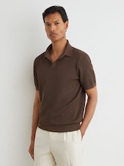 Reiss Chocolate Brown Sailor Rib-Knit Open-Collar Polo Shirt - Image 3 of 6