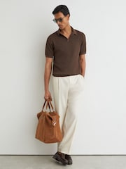Reiss Chocolate Brown Sailor Rib-Knit Open-Collar Polo Shirt - Image 4 of 6