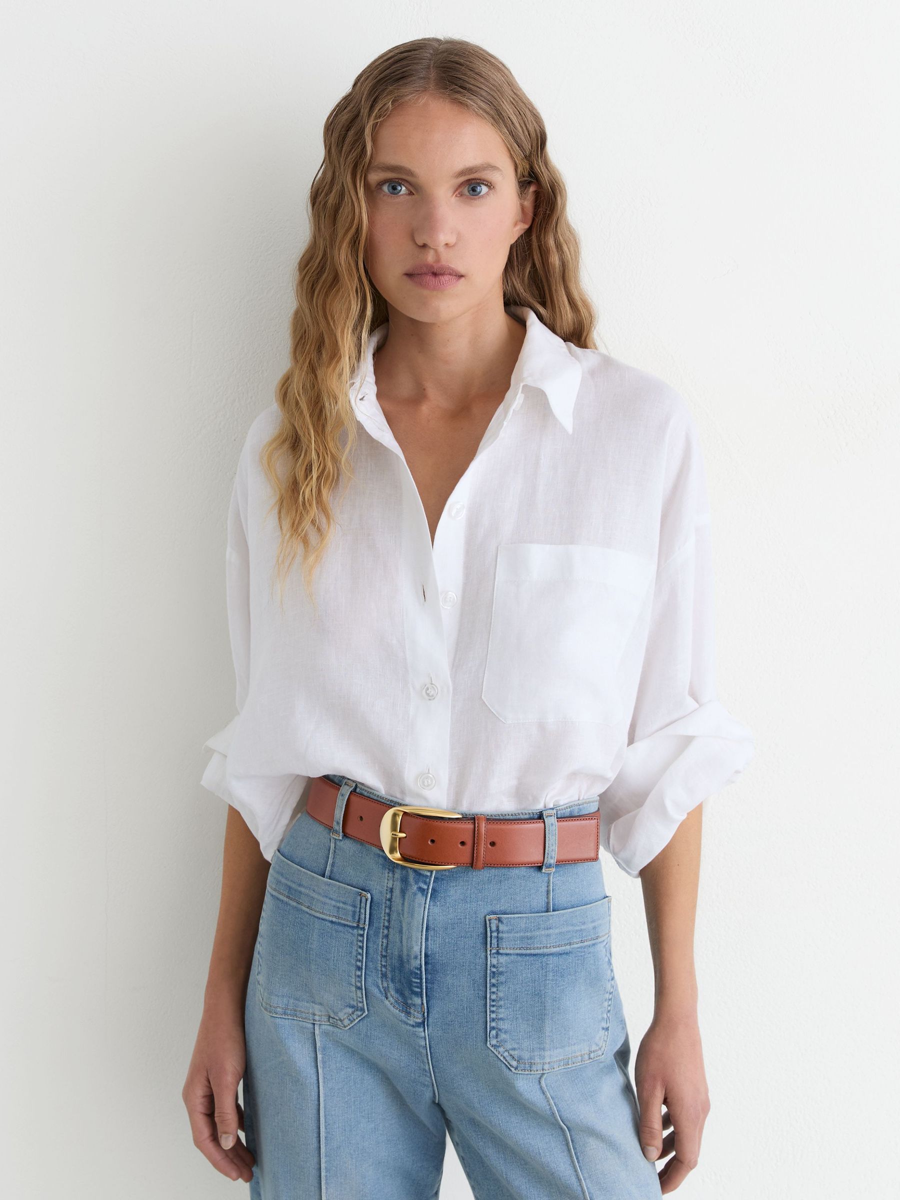 Reiss Tan Leather Rounded-buckle Belt