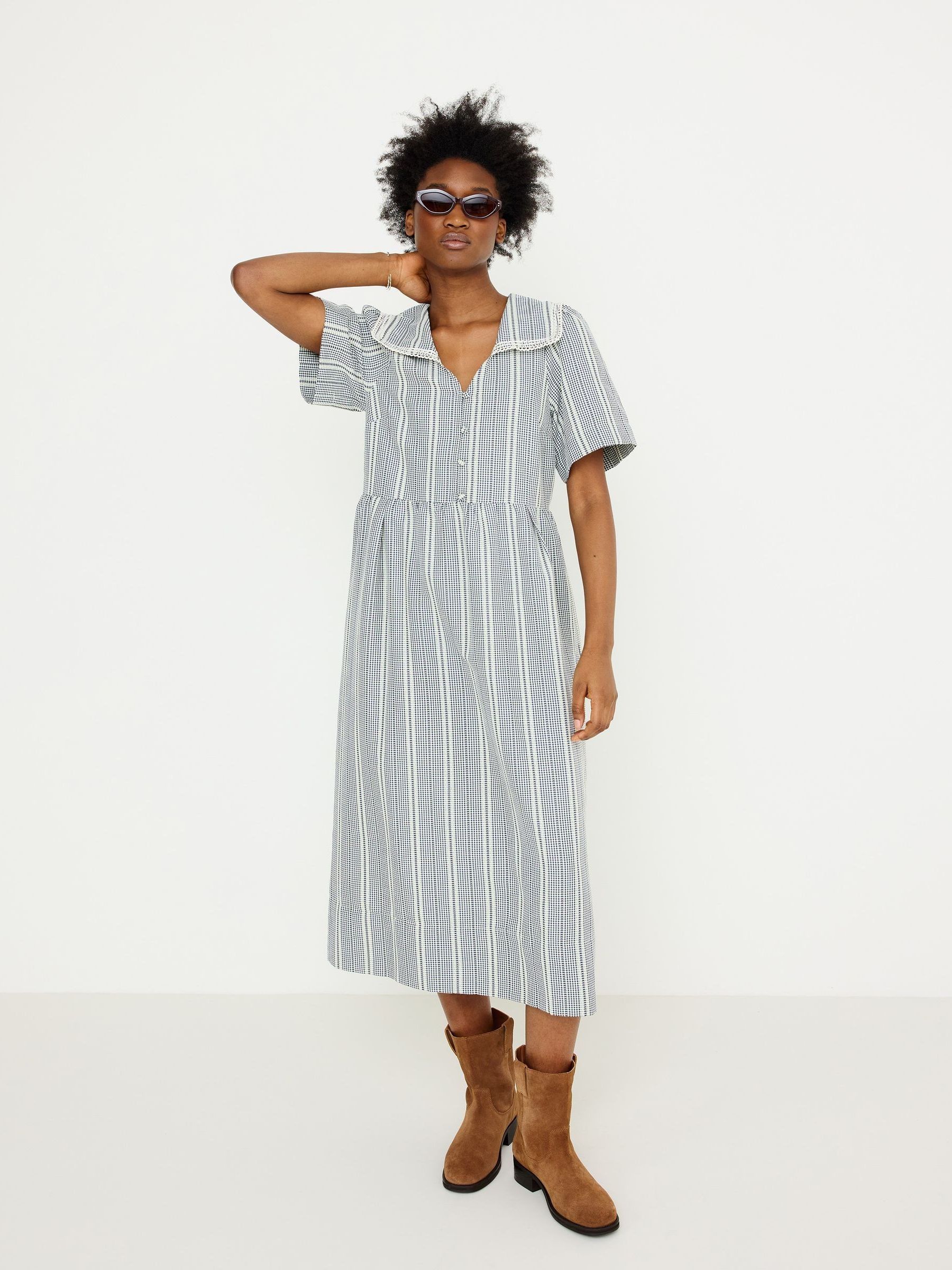 Buy Oliver Bonas Blue Gingham Sailor Collar Midi Dress from the