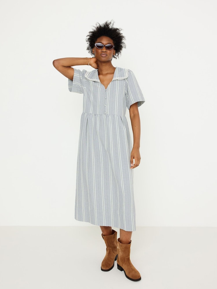 Oliver Bonas Blue Gingham Sailor Collar Midi Dress - Image 1 of 7 Oliver Bonas Blue Gingham Sailor Collar Midi Dress - Image 1 of 7
