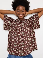 Oliver Bonas Chocolate Brown Floral Short Sleeve Blouse - Image 1 of 7