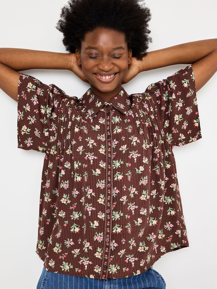 Oliver Bonas Chocolate Brown Floral Short Sleeve Blouse - Image 1 of 7
