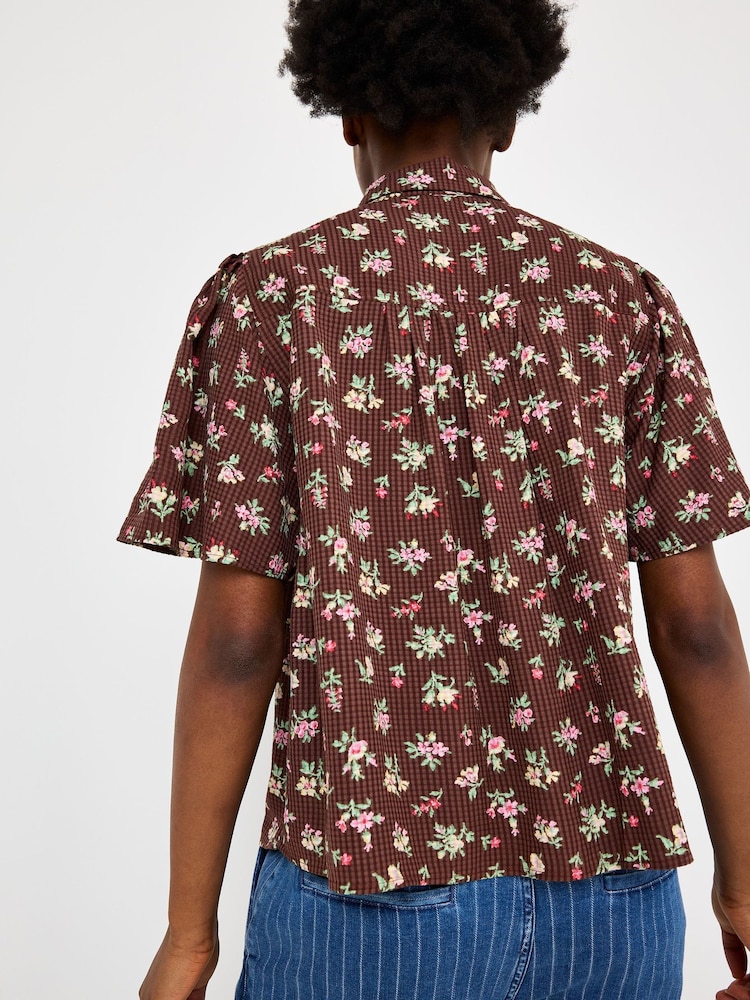 Oliver Bonas Chocolate Brown Floral Short Sleeve Blouse - Image 2 of 7