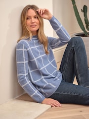 Pure Collection Blue Cashmere Gassato Checked Crew Neck Jumper - Image 1 of 3