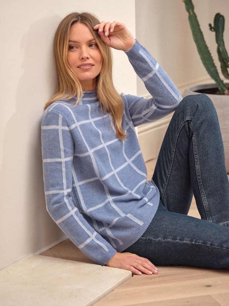 Pure Collection Blue Cashmere Gassato Checked Crew Neck Jumper - Image 1 of 3