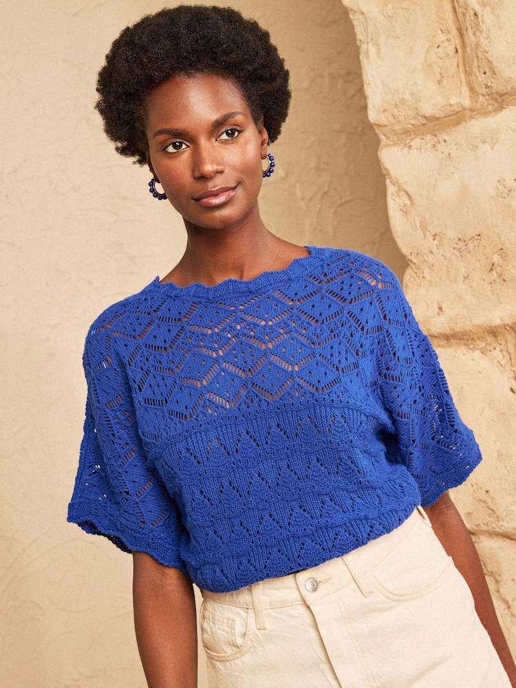 Love & Roses Cobalt Blue Crochet Scallop Detail Knitted Batwing Top - Image 1 of 4