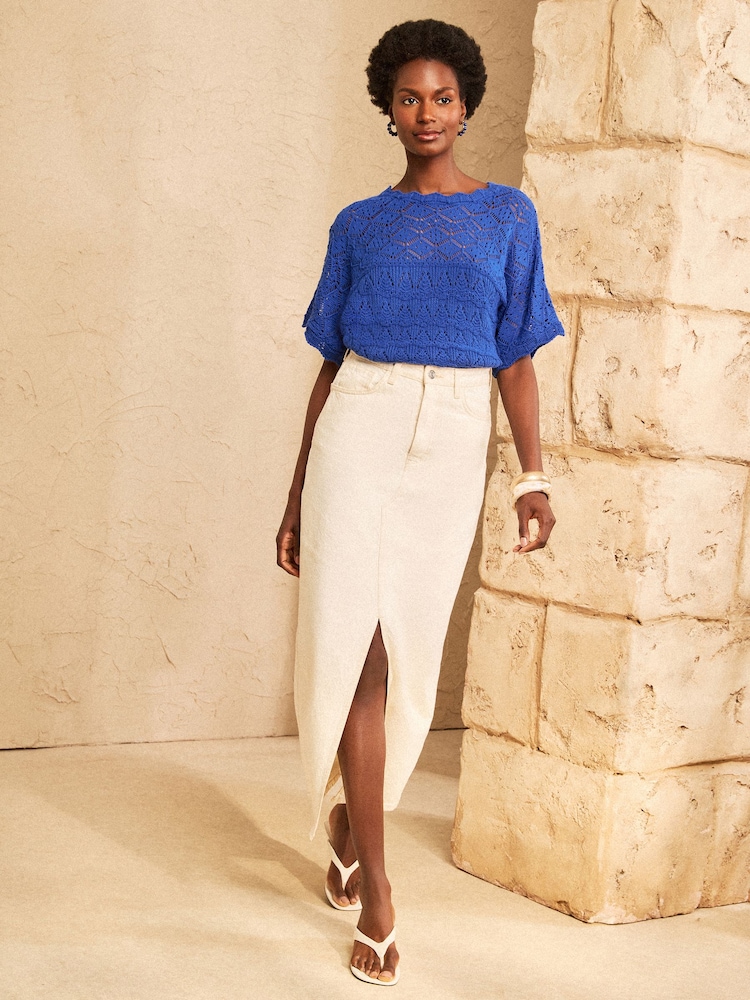 Love & Roses Cobalt Blue Crochet Scallop Detail Knitted Batwing Top - Image 2 of 4