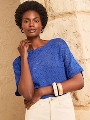 Love & Roses Cobalt Blue Crochet Scallop Detail Knitted Batwing Top - Image 3 of 4