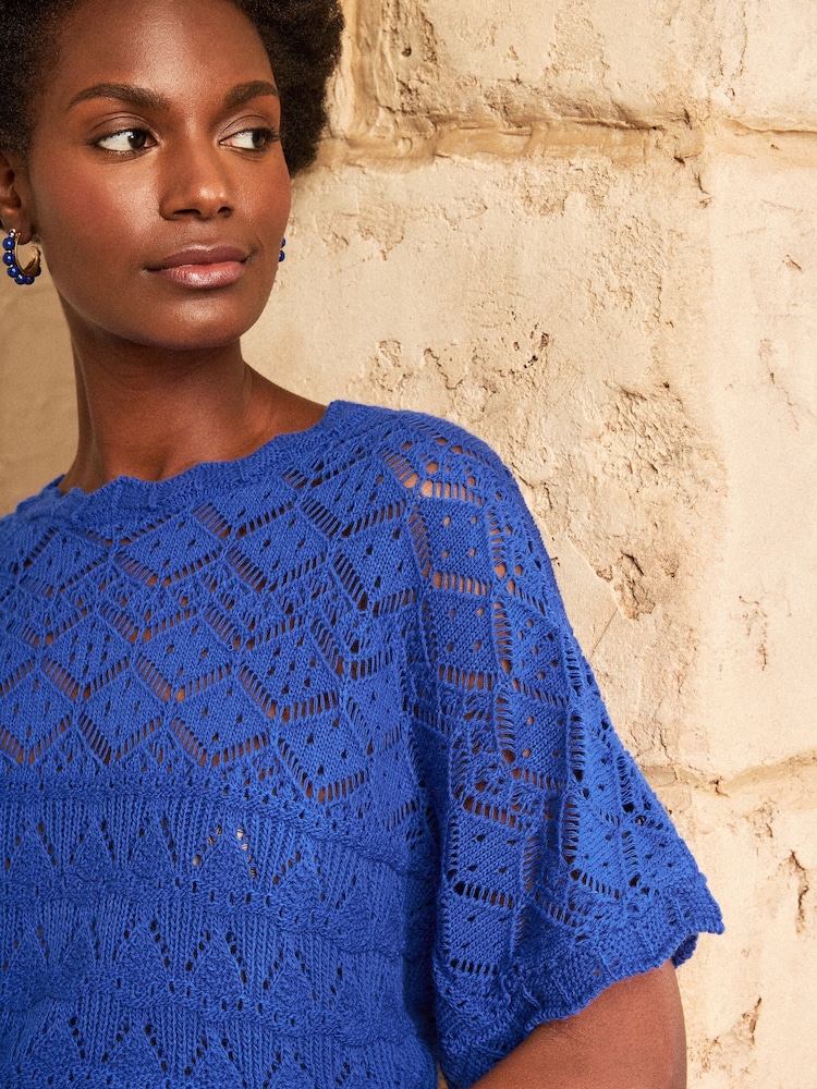 Love & Roses Cobalt Blue Crochet Scallop Detail Knitted Batwing Top - Image 4 of 4