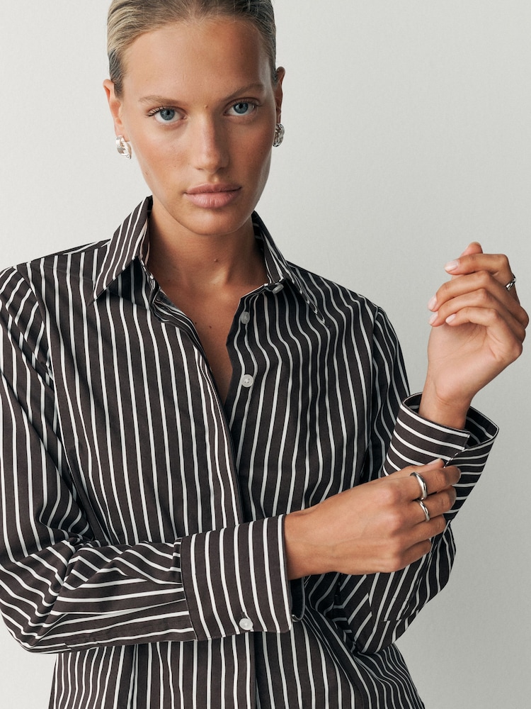 Chocolate Brown Stripe Fitted Stretch Essential Long Sleeve Shirt - Image 1 of 5 Chocolate Brown Stripe Fitted Stretch Essential Long Sleeve Shirt - Image 1 of 5