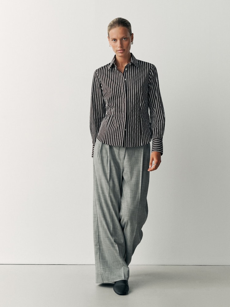 Chocolate Brown Stripe Fitted Stretch Essential Long Sleeve Shirt - Image 2 of 5 Chocolate Brown Stripe Fitted Stretch Essential Long Sleeve Shirt - Image 2 of 5