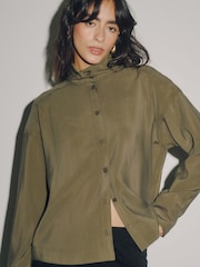 Khaki Green Funnel Neck Long Sleeve Shirt - Image 1 of 4