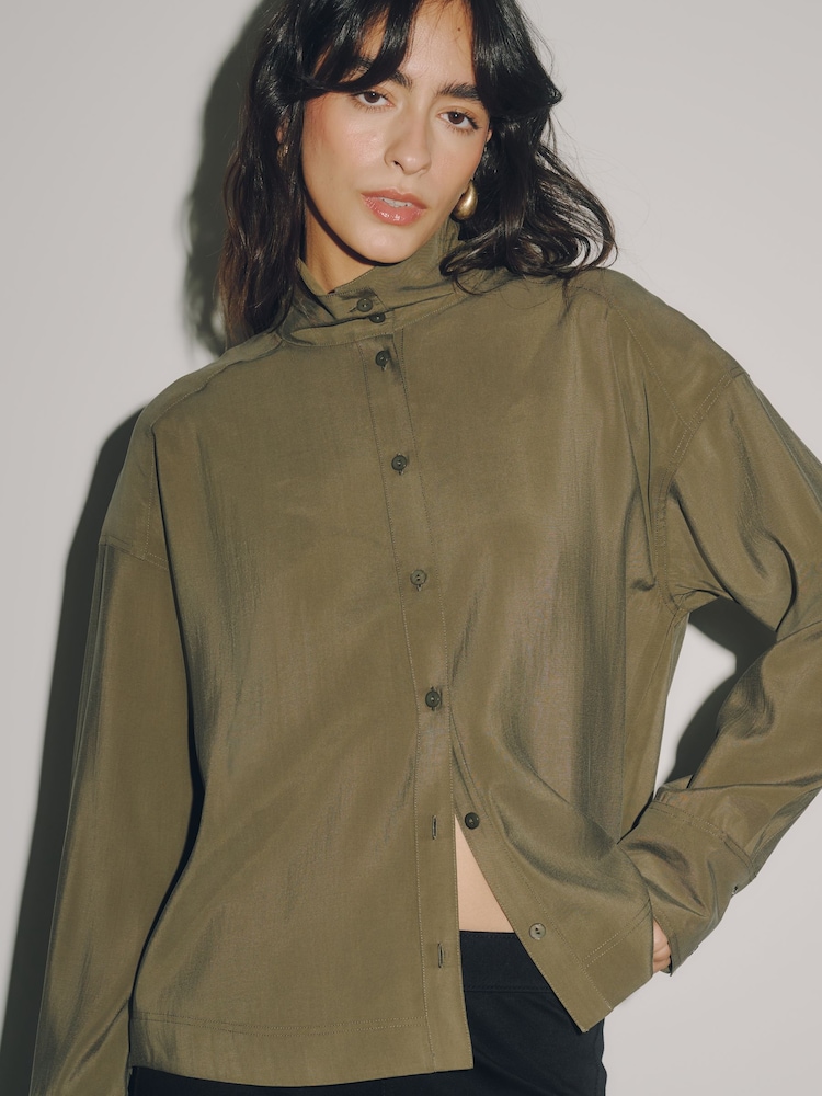 Khaki Green Funnel Neck Long Sleeve Shirt - Image 1 of 4