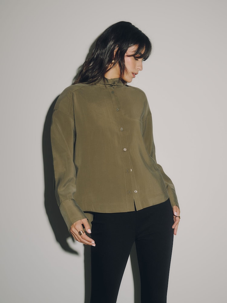 Khaki Green Funnel Neck Long Sleeve Shirt - Image 2 of 4