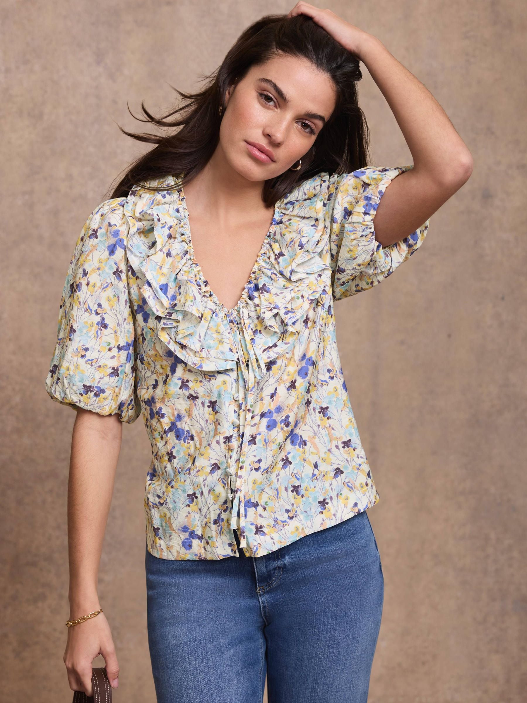 Buy Mint Velvet Blue Floral Ruffle Trim Blouse from Next Romania