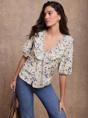 Mint Velvet Blue Floral Ruffle Trim Blouse - Image 1 of 7