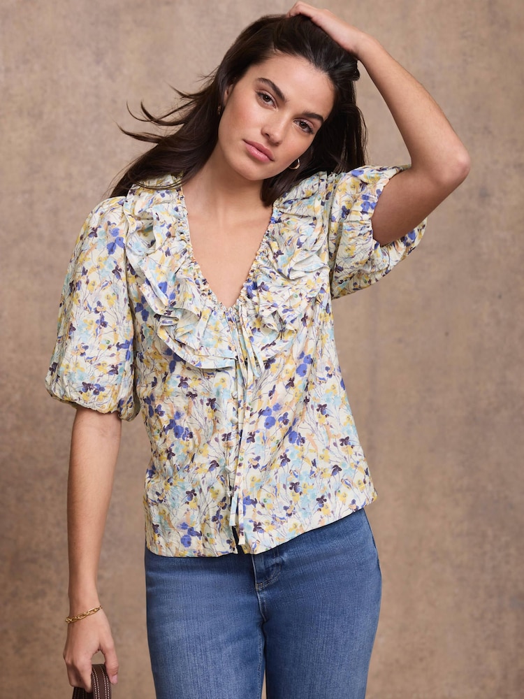 Mint Velvet Blue Floral Ruffle Trim Blouse - Image 2 of 7