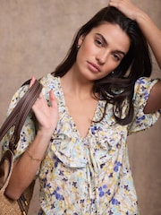 Mint Velvet Blue Floral Ruffle Trim Blouse - Image 5 of 7