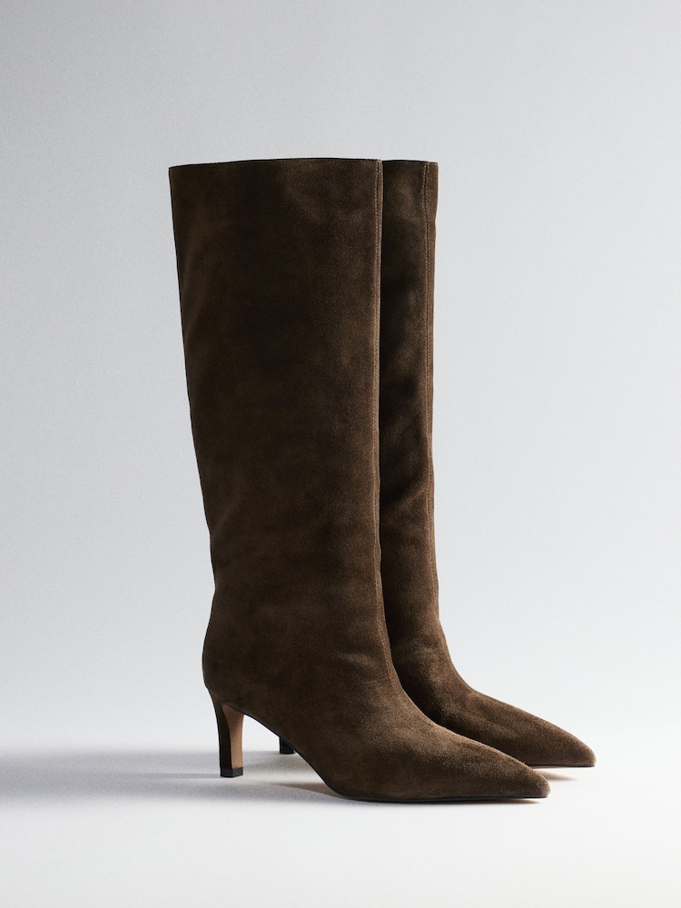 The Set Premium Back Pull On Knee High Boots Khaki Brown Suede - Image 1 of 4 The Set Premium Back Pull On Knee High Boots Khaki Brown Suede - Image 1 of 4