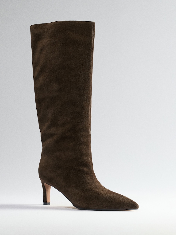 The Set Premium Back Pull On Knee High Boots Khaki Brown Suede - Image 2 of 4 The Set Premium Back Pull On Knee High Boots Khaki Brown Suede - Image 2 of 4