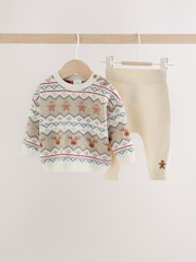 Estampado de grecas alpinas en color neutro - Conjunto de leggings y suéter de punto con diseño navideño (0 meses -2 años) - Imagen 1 de 9