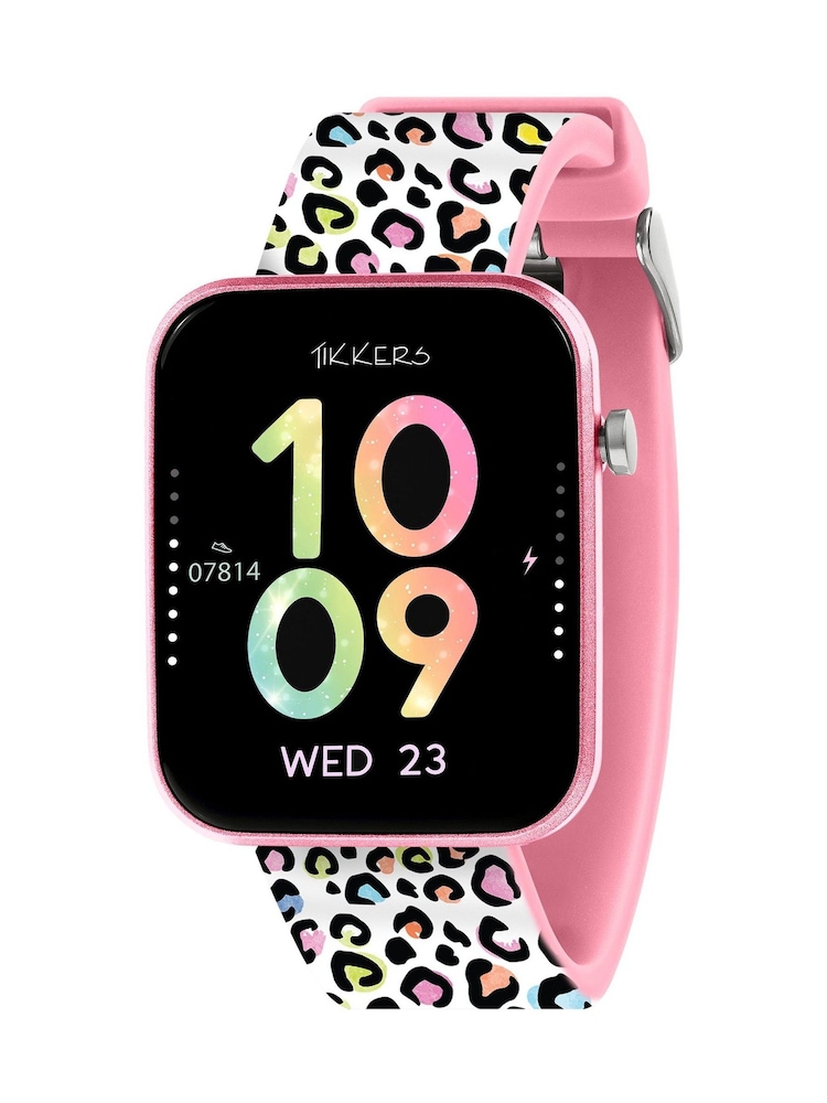 Tikkers Smart Series Pink Leopard Print Silicone Strap Black Smart Watch - Image 1 of 5 Tikkers Smart Series Pink Leopard Print Silicone Strap Black Smart Watch - Image 1 of 5