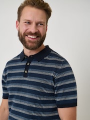 Saltwell Blue Jacquard Stripe Short Sleeve Cotton Polo Shirt - Image 1 of 7