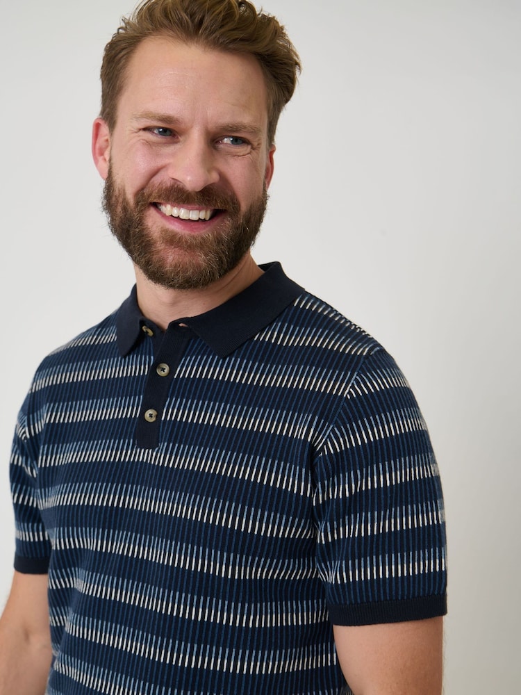 Saltwell Blue Jacquard Stripe Short Sleeve Cotton Polo Shirt - Image 1 of 7 Saltwell Blue Jacquard Stripe Short Sleeve Cotton Polo Shirt - Image 1 of 7