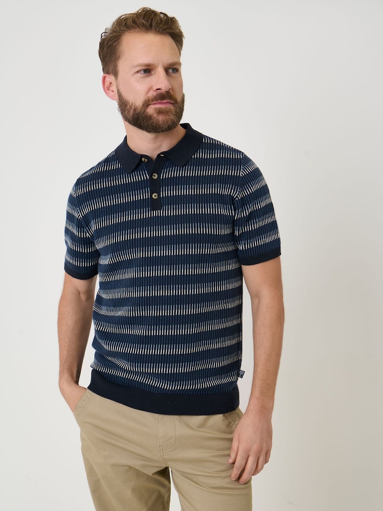 Saltwell Blue Jacquard Stripe Short Sleeve Cotton Polo Shirt - Image 2 of 7 Saltwell Blue Jacquard Stripe Short Sleeve Cotton Polo Shirt - Image 2 of 7