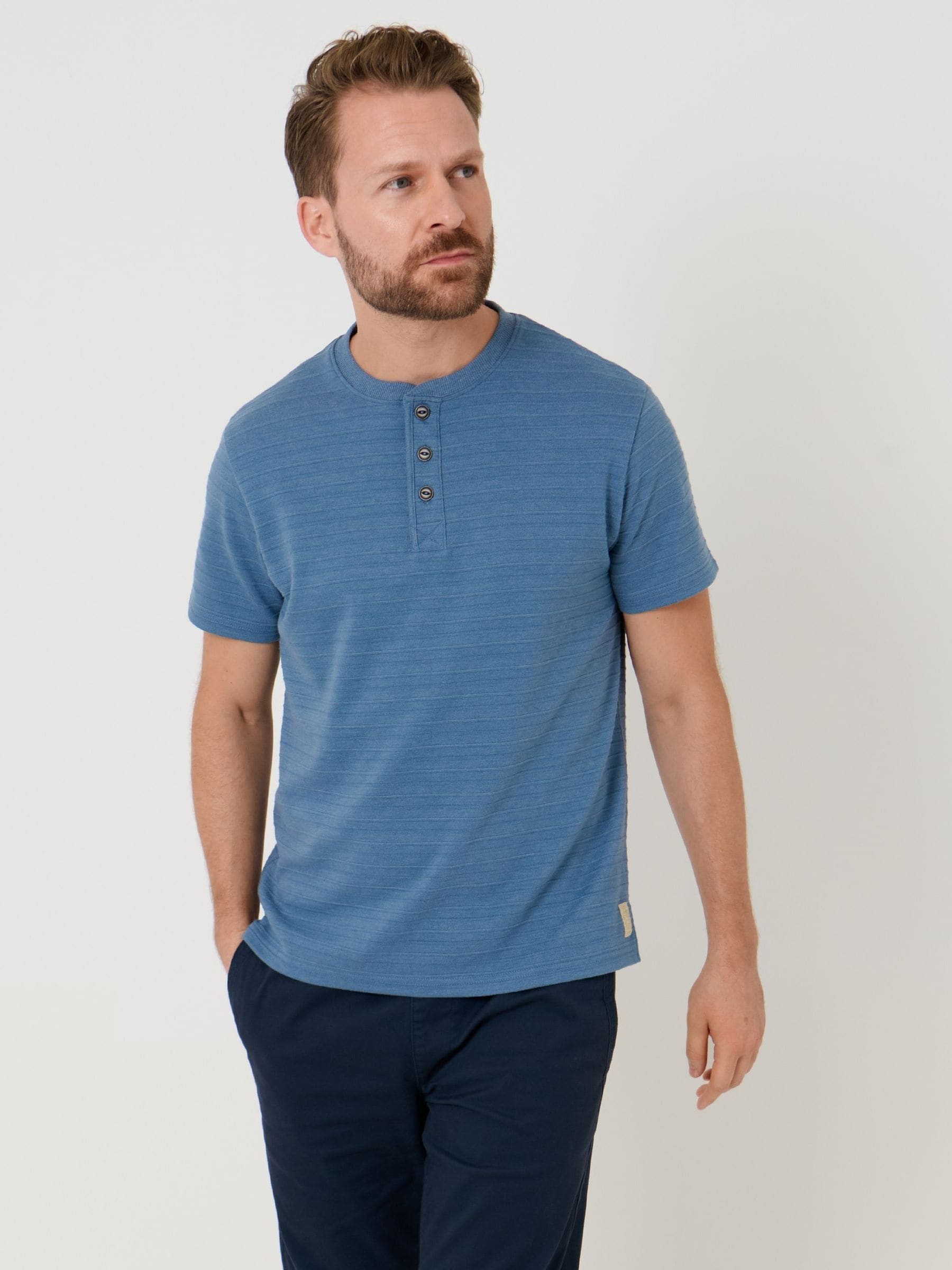 Buy Saltwell Blue Textured Stripe Grandad Collar T-Shirt from Next